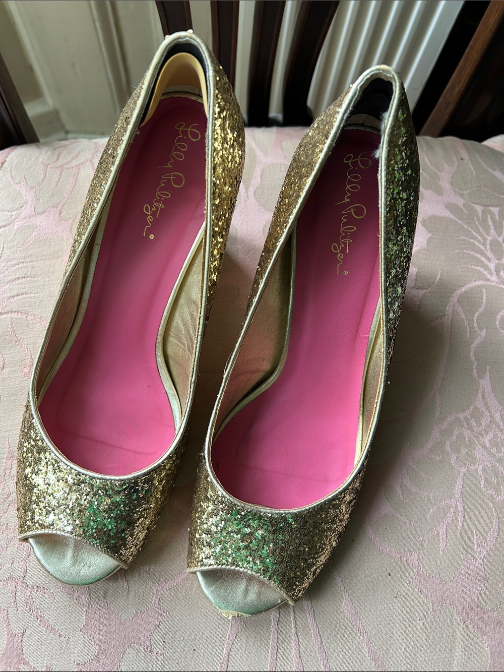 Lilly Pulitzer Gold Glitter Peep-Toe Heels with Pink Insole